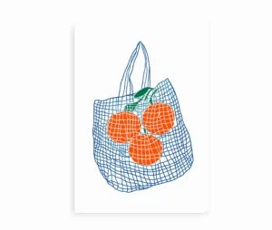 Moderne plakat med blå netpose og appelsiner