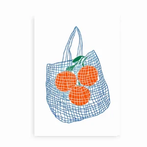 Moderne plakat med blå netpose og appelsiner