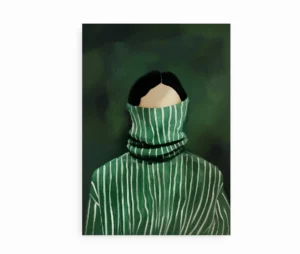 Personal Hideout kunstplakat med kvinde i grønstribet striktrøje på hvid baggrund