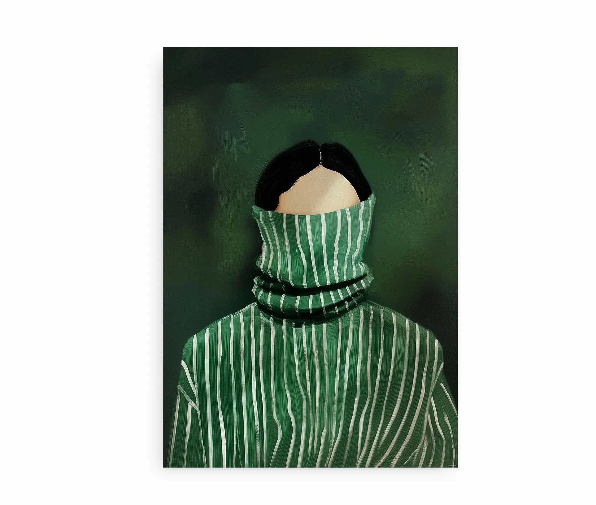 Personal Hideout kunstplakat med kvinde i grønstribet striktrøje på hvid baggrund