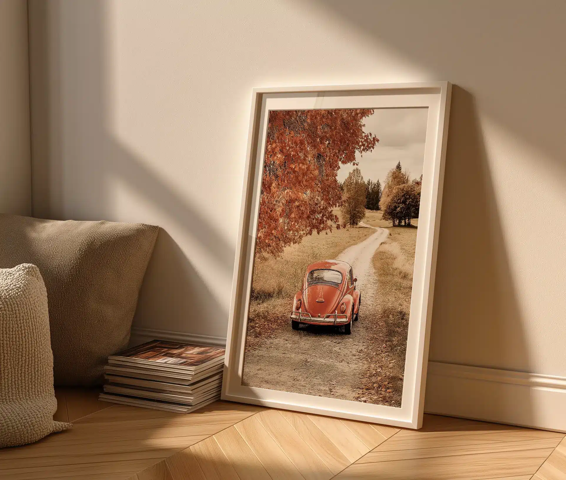 On the Road plakat med klassisk folkevogn lænet mod væg.