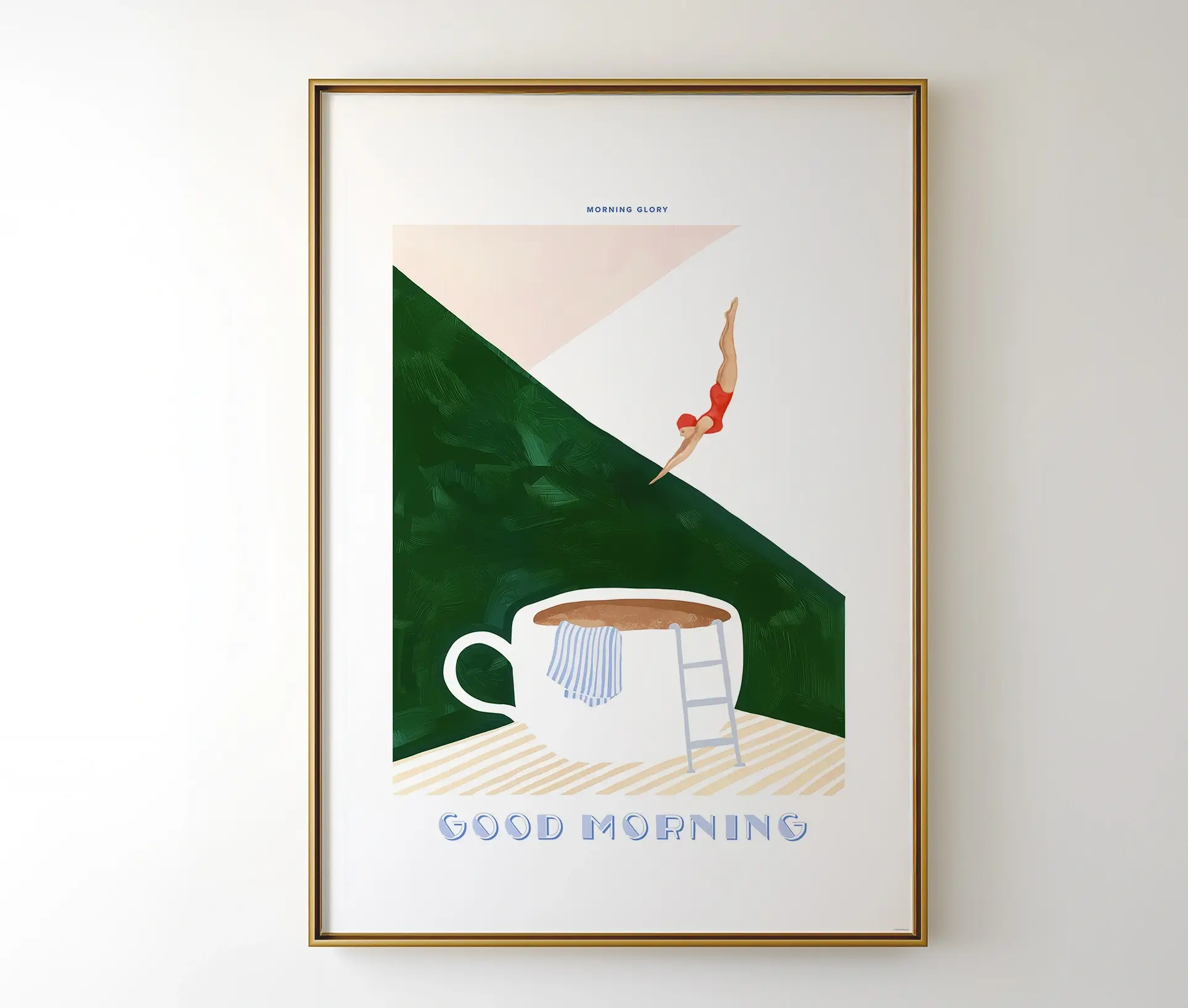 Morning Coffee Swim plakat placeret i vindueskarm med hyggeligt interiør