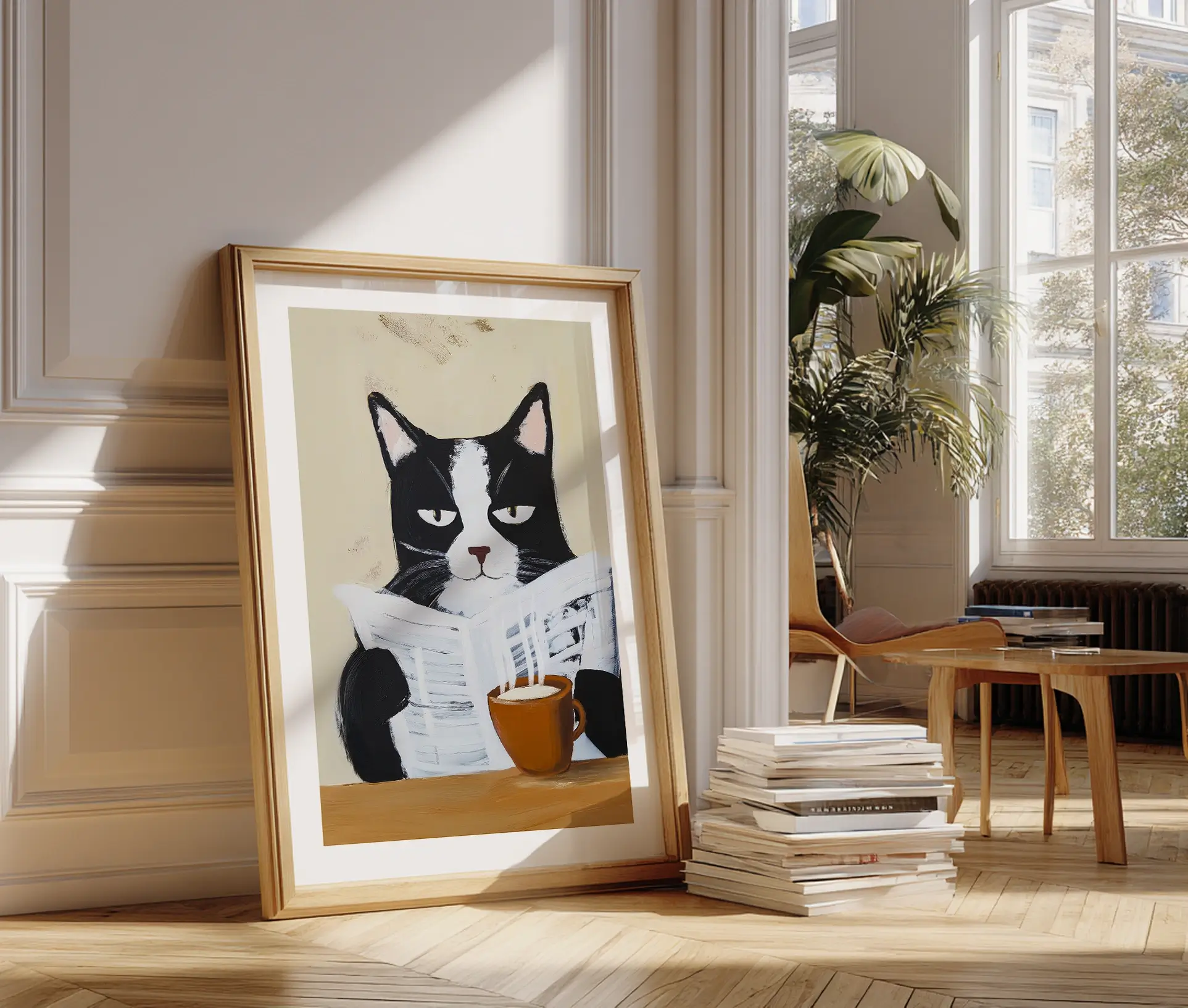 Cat at Morning Table plakat stående op ad væg med sollys.