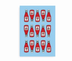 Ketchup Pop Art Plakat med røde ketchupflasker på blå baggrund