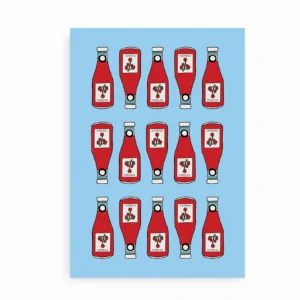 Ketchup Pop Art Plakat med røde ketchupflasker på blå baggrund
