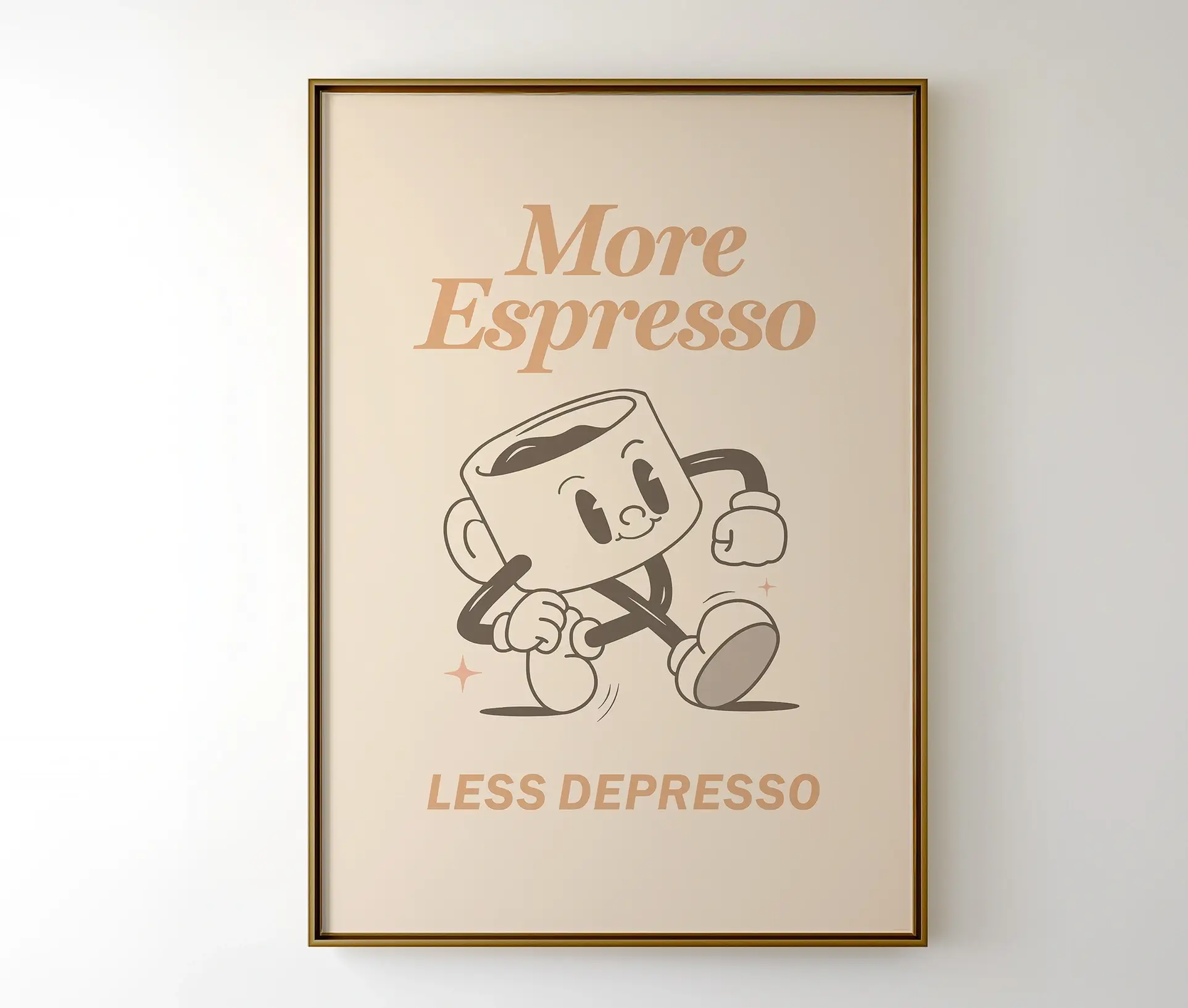 More Espresso Less Depresso plakat i ramme hængende på væg.