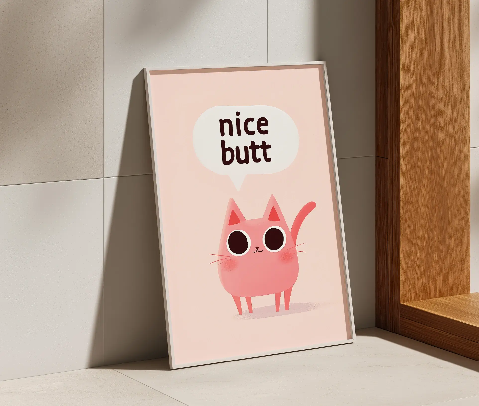 Plakat med kat og teksten Nice Butt stående op ad væg
