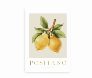 Positano Amalfi plakat med citroner på gren og grønne blade