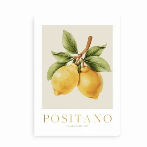 Positano Amalfi plakat med citroner på gren og grønne blade