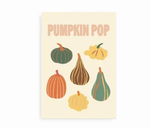 Farverig plakat med seks græskar og teksten Pumpkin Pop.
