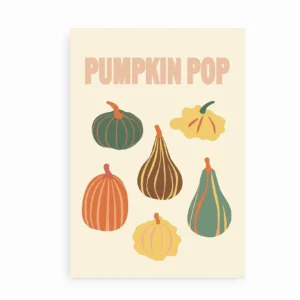Farverig plakat med seks græskar og teksten Pumpkin Pop.