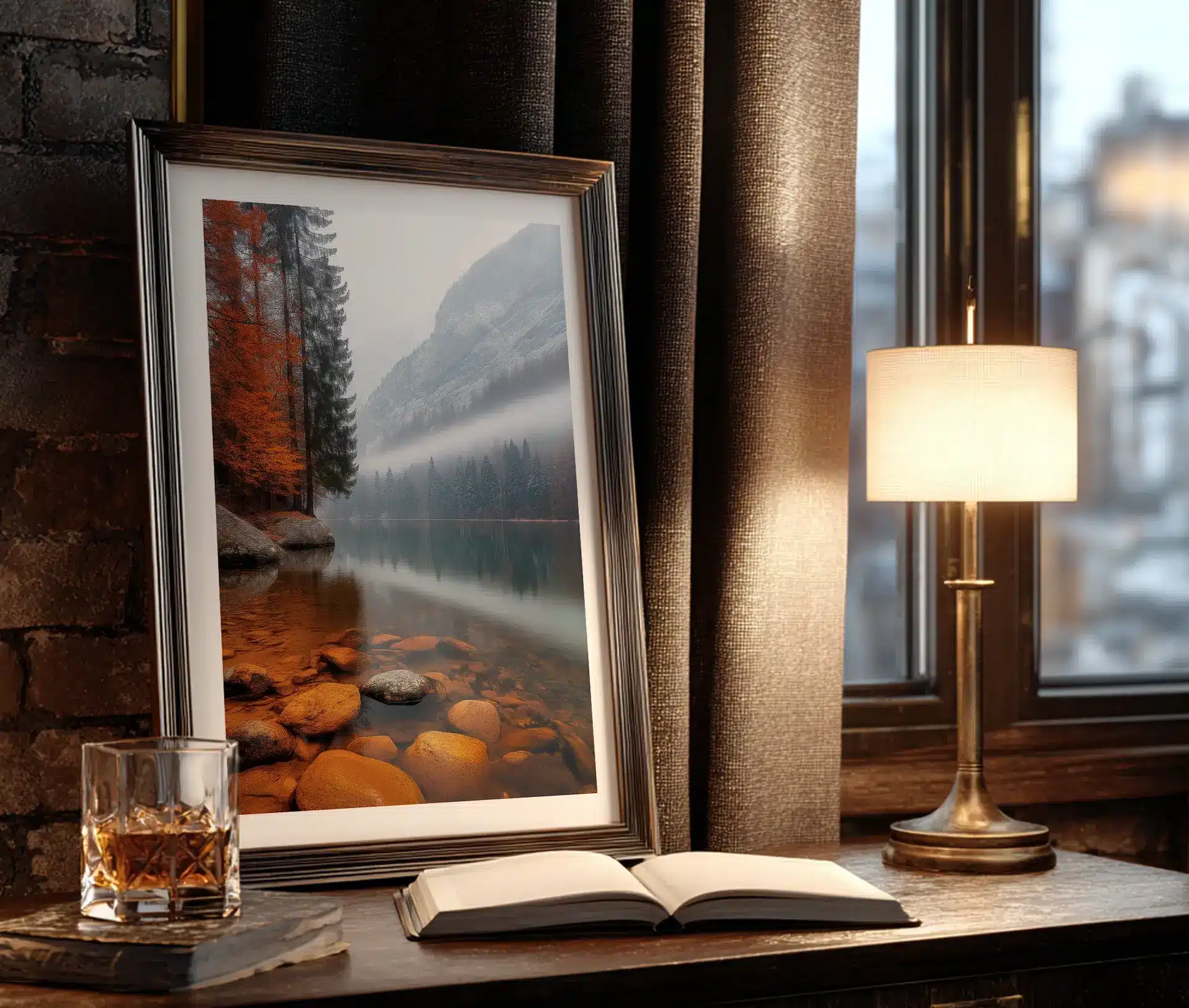 Stemningsfuld fotoplakat med bjergsø og efterårsfarver, placeret på bord.