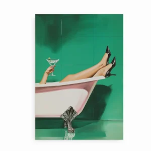 Kunstplakat med kvinde i badekar iført sorte stiletter og martini – Put Your Feet Up