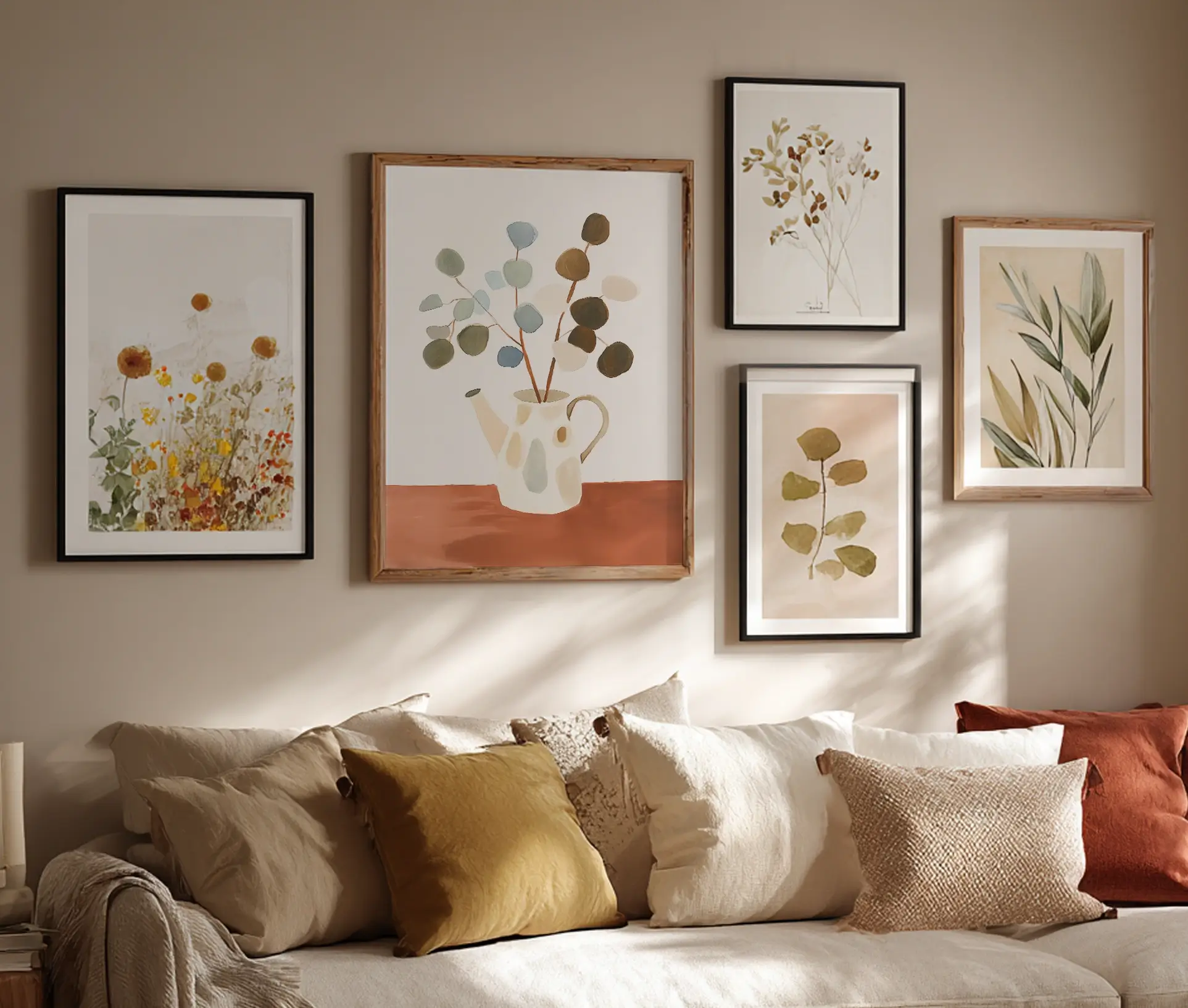 Botanical Jug plakat hænger i stue sammen med andre botaniske motiver.