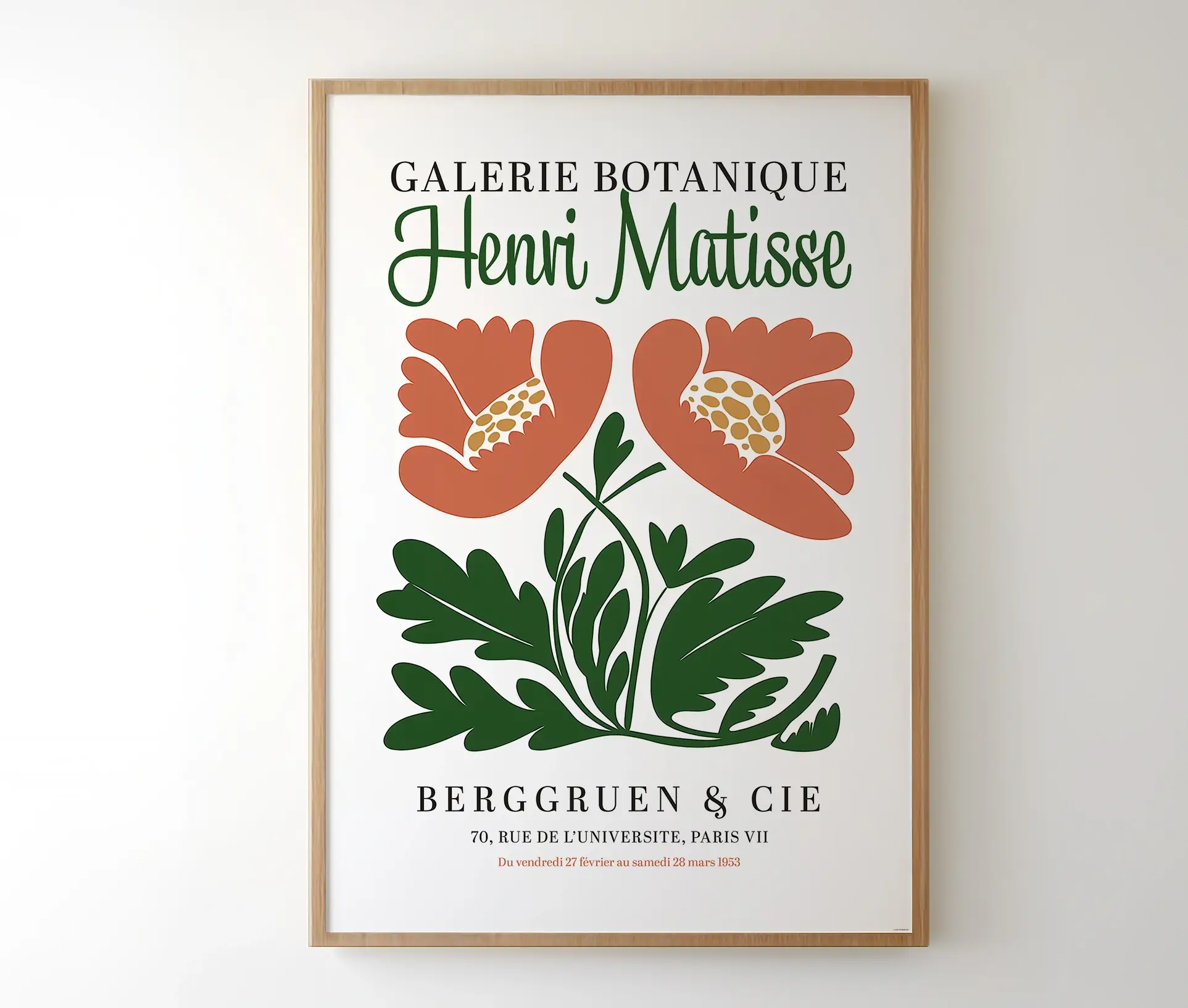 Plakat med Henri Matisse-design fra Galerie Botanique med to stiliserede blomster i terrakotta og grønne blade.