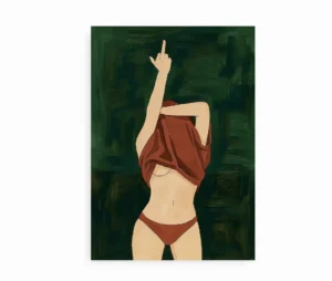 Feministisk plakat med kvinde i undertøj og løftet langfinger