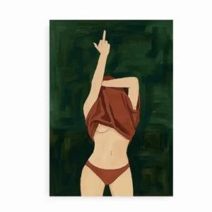 Feministisk plakat med kvinde i undertøj og løftet langfinger