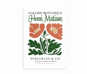 Henri Matisse-plakat fra Galerie Botanique med stiliserede blomster i grøn og terrakotta på hvid baggrund.