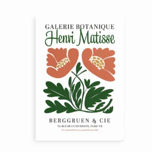 Henri Matisse-plakat fra Galerie Botanique med stiliserede blomster i grøn og terrakotta på hvid baggrund.