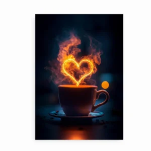 Plakat med kaffekop og ildformet hjerte – Hot Coffee Love.