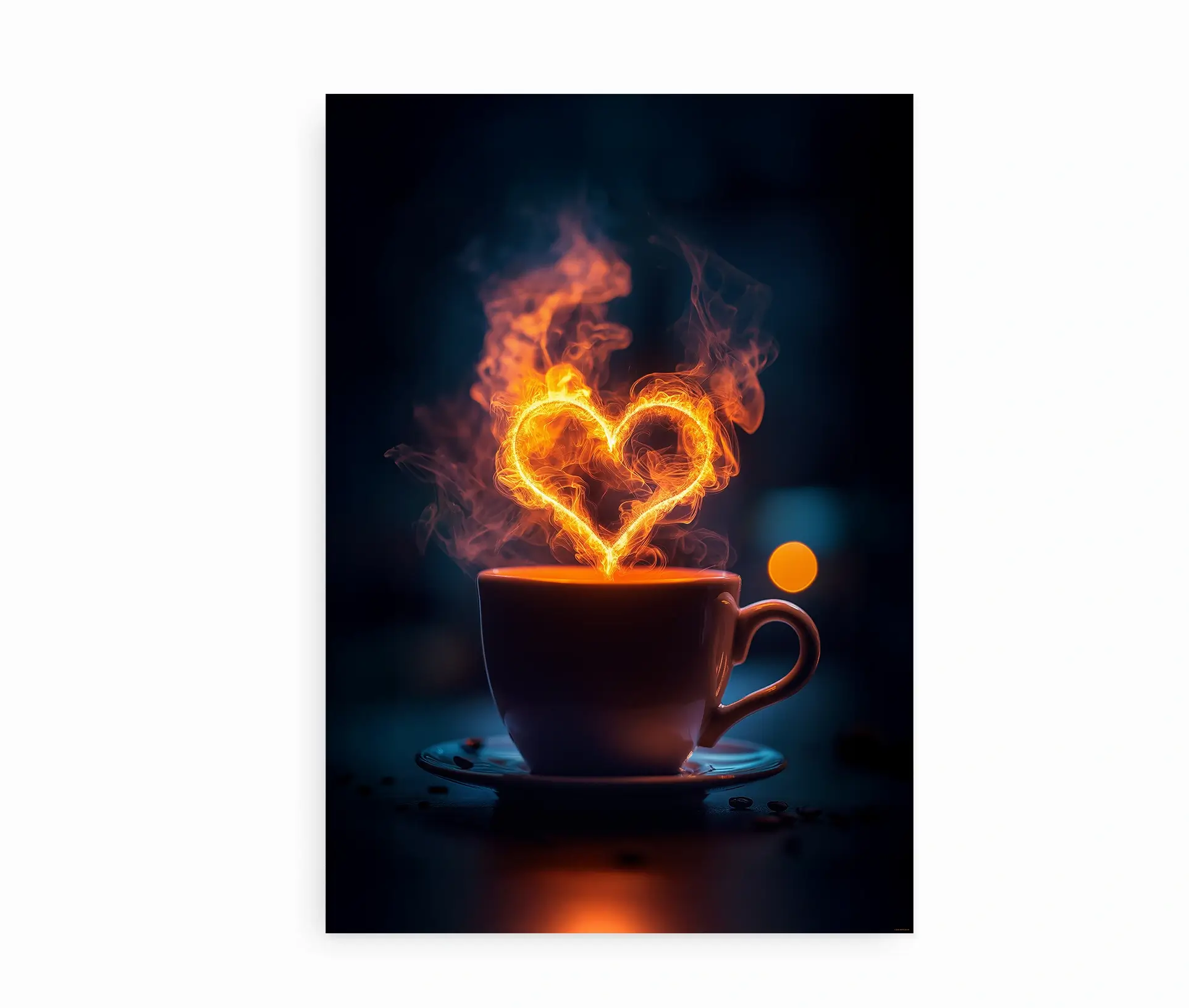 Plakat med kaffekop og ildformet hjerte – Hot Coffee Love.