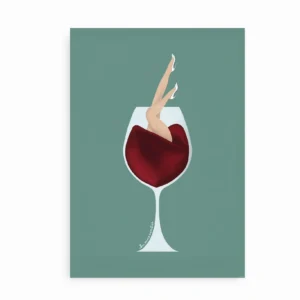 Kunstplakat med glas rødvin og kvindeben – In Vino Veritas.