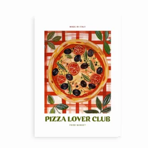 Plakat med pizzaillustration og teksten “Italian Pizza Lover Club”.
