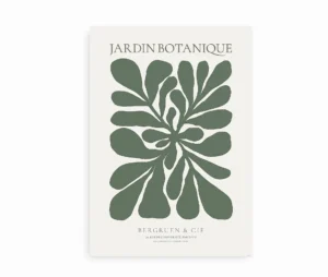 Plakat med grafisk botanisk illustration i grønne nuancer og teksten Jardin Botanique