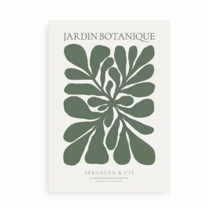 Plakat med grafisk botanisk illustration i grønne nuancer og teksten Jardin Botanique