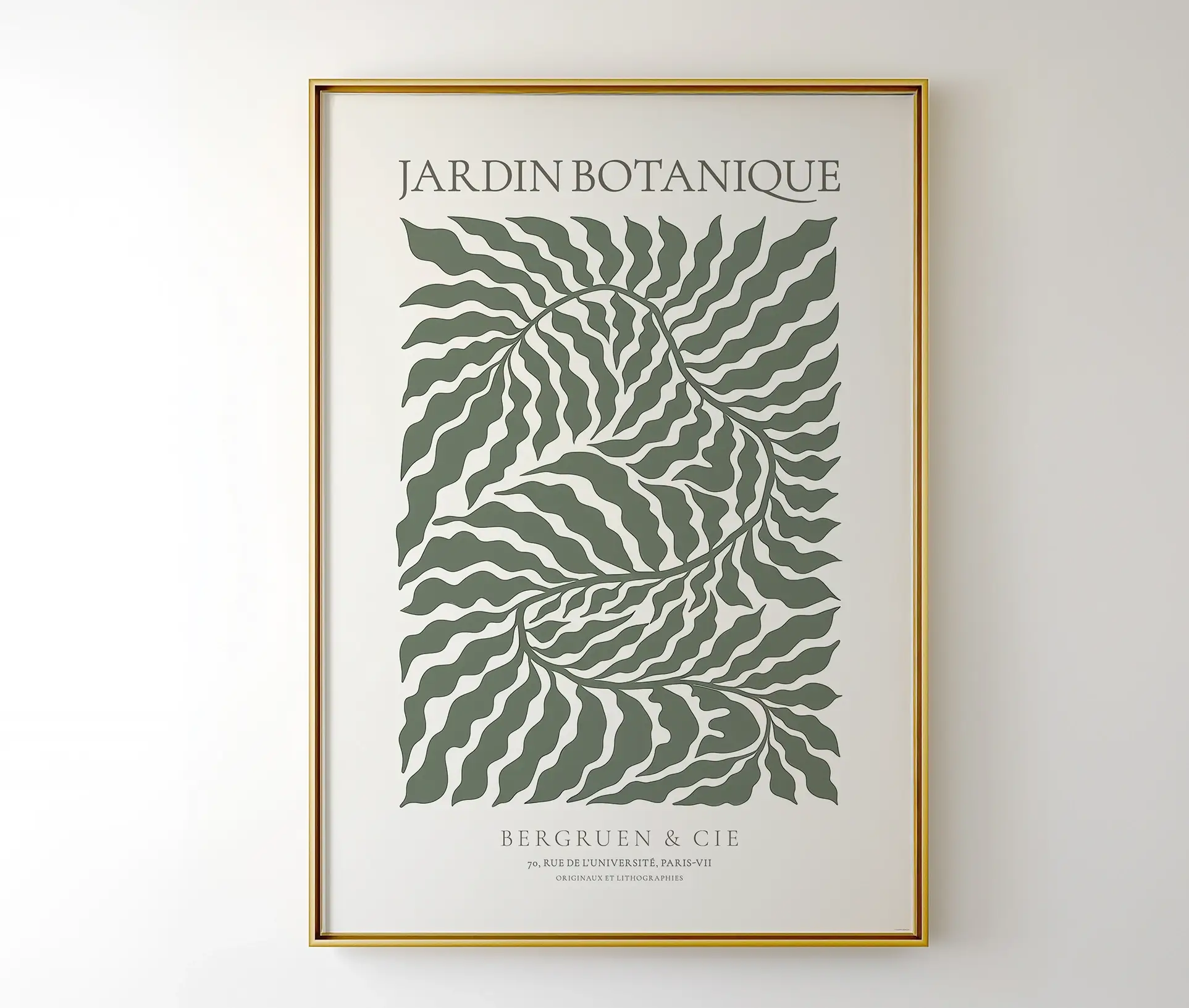 Indrammet plakat med grøn botanisk komposition i minimalistisk design