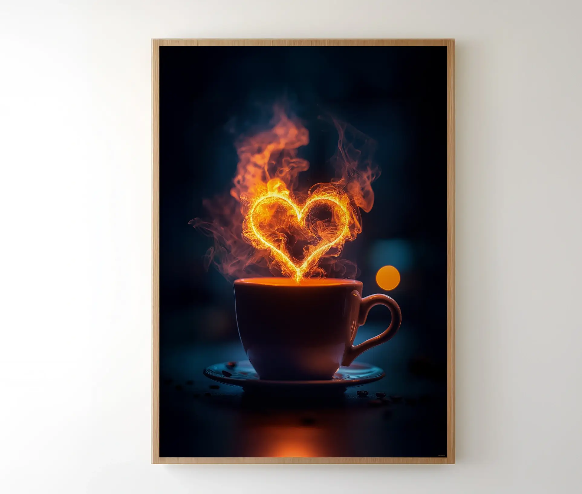 Hot Coffee Love plakat i træramme ophængt på væg.