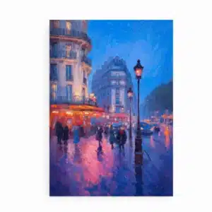 Plakat med kunstnerisk illustration af en regnvejrsdag i Paris med gadeliv og bylys.