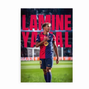Plakat med Lamine Yamal i FC Barcelona-trøje og stor rød typografi