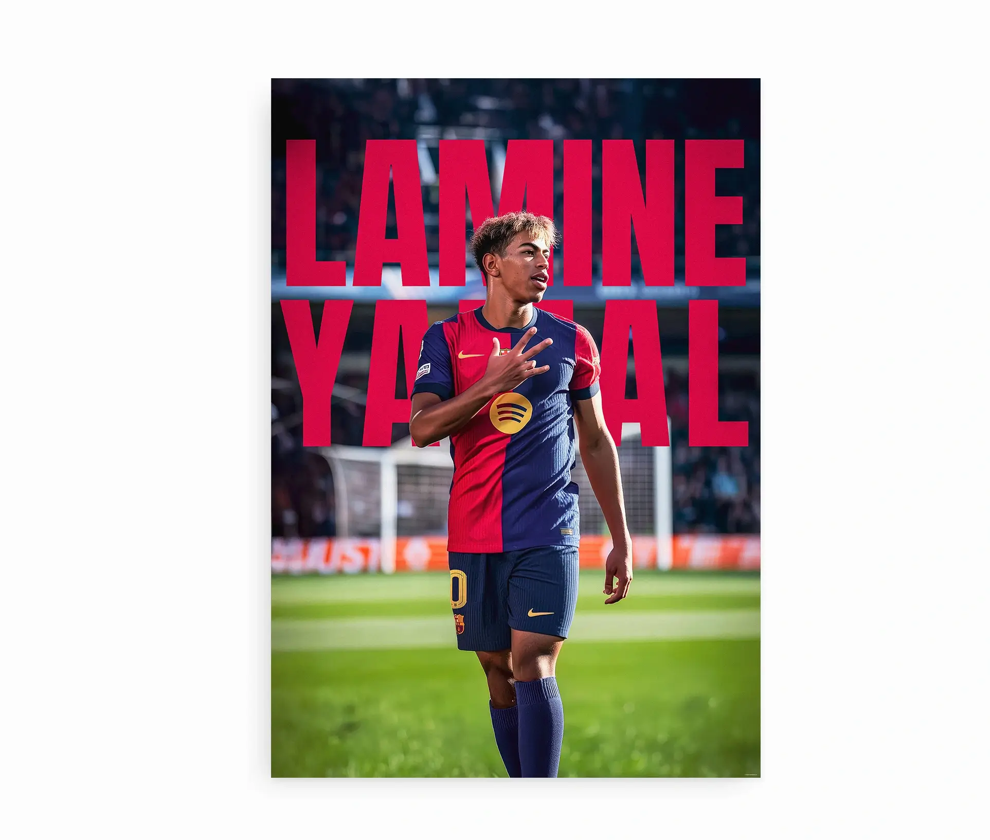Plakat med Lamine Yamal i FC Barcelona-trøje og stor rød typografi