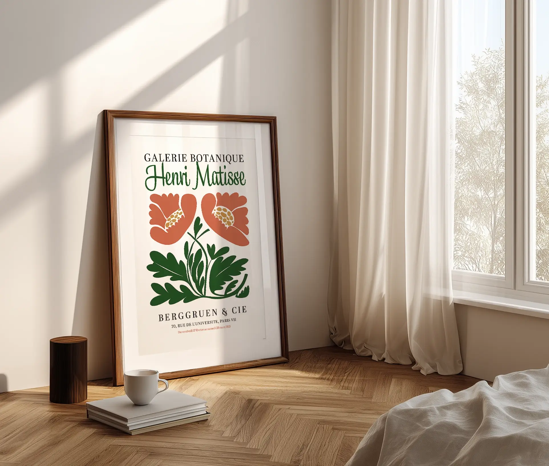 Matisse-plakat med botanisk motiv fra Galerie Botanique stående op ad væg i naturligt lys.