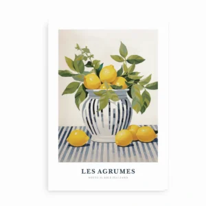Plakat med illustration af citroner i en vase på en stribet dug