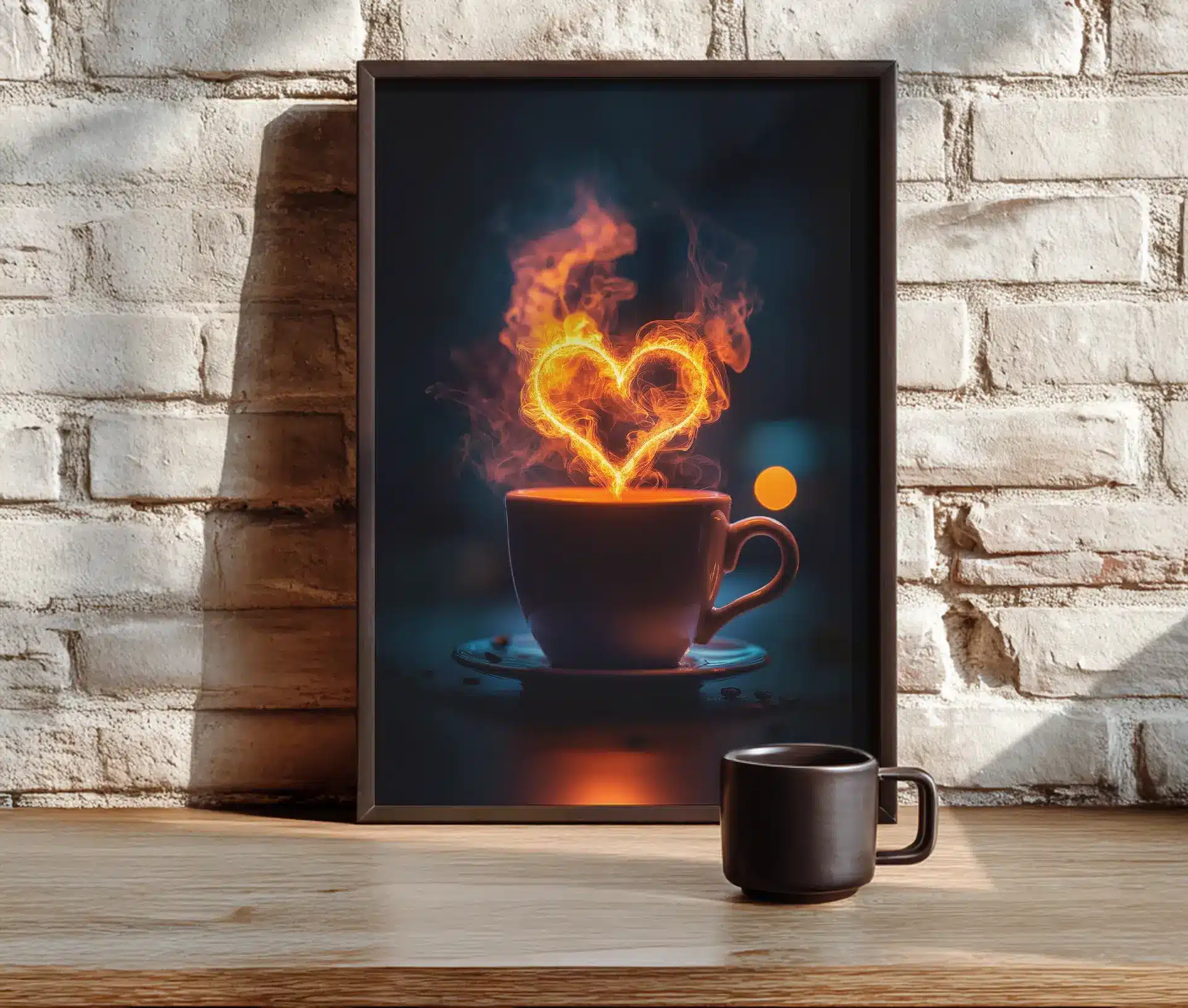 Hot Coffee Love plakat i ramme placeret på træbord foran murstensvæg.