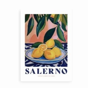 Italiensk kunstplakat med citroner og teksten “Salerno”.