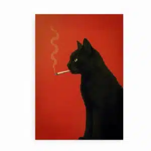 Plakat med sort kat med cigaret mod rød baggrund