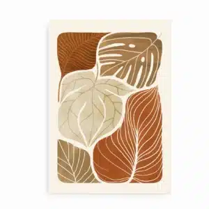 Plakat med abstrakte blade i beige, brun og rustfarvet palet