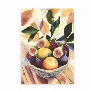 Kunstplakat med motiv af figner, citroner og appelsin i en fletkurv omgivet af blade i varme farver.