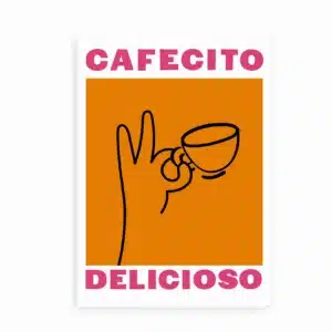 Grafisk plakat med orange baggrund, lyserød tekst og en hånd, der holder en kaffekop.