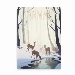 Plakat med rådyr i vinterskov ved en frossen bæk og teksten “Danmark”.