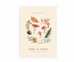 Plakat med svampe, egeblade og agern i naturfarver