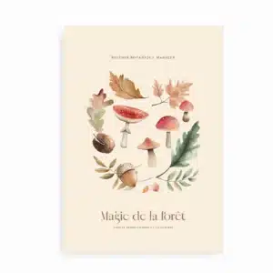 Plakat med svampe, egeblade og agern i naturfarver