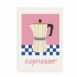 Grafisk plakat med mokkakande, pink baggrund og blå-hvid ternet mønster.