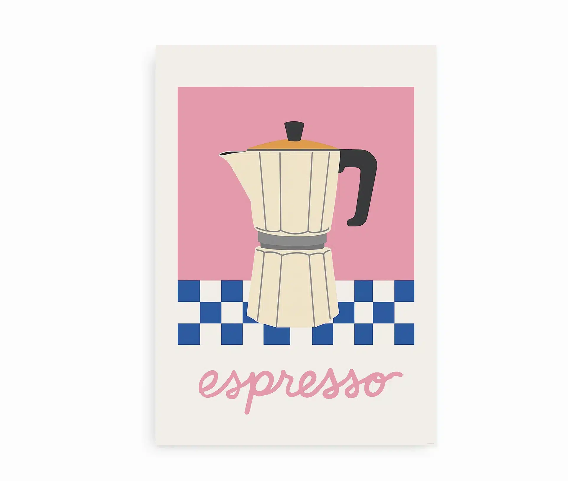 Grafisk plakat med mokkakande, pink baggrund og blå-hvid ternet mønster.