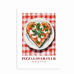 Plakat med hjerteformet pizza på rødternet dug