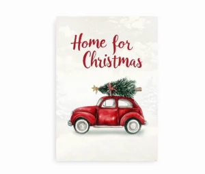 Plakat med teksten “Home for Christmas” og en rød bil med juletræ på taget i et sneklædt landskab.
