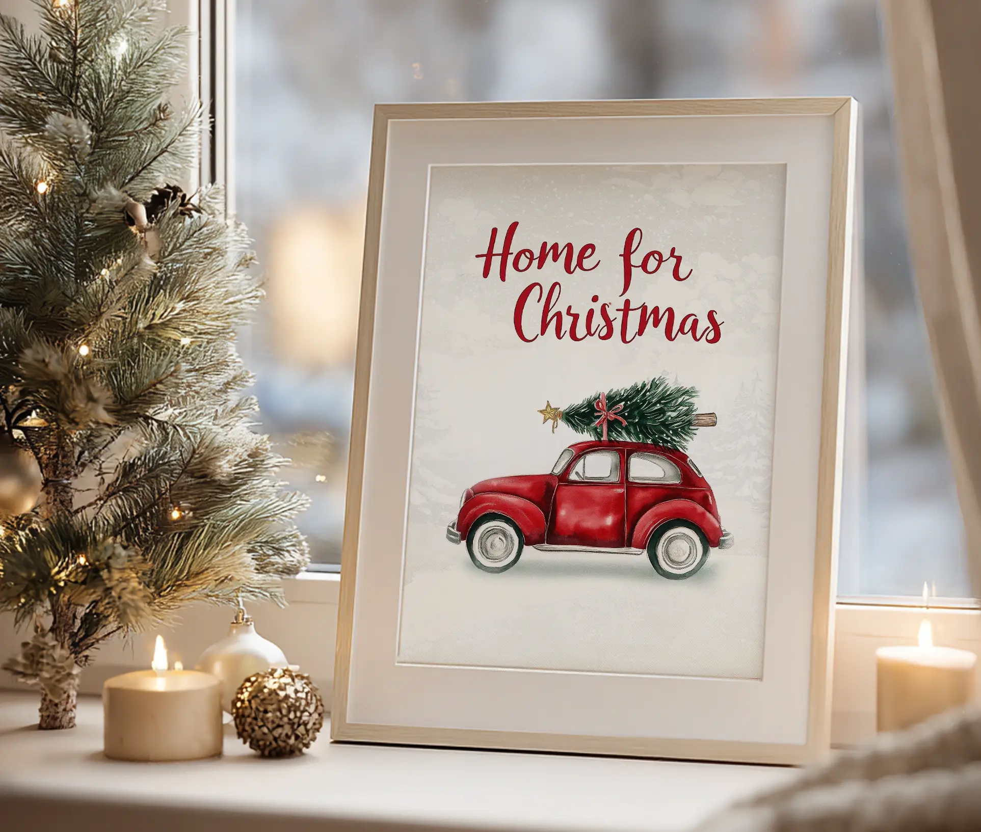 “Home for Christmas” plakat i ramme stående på en vindueskarm ved siden af et lille juletræ og tændte stearinlys.